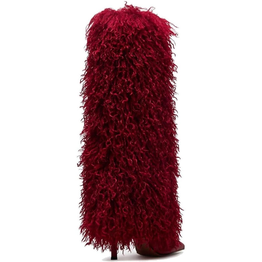 Women's Fur Red Pointed Toe Fold Over Wide Calf Knee High Heel Boots - Picture 5 of 7